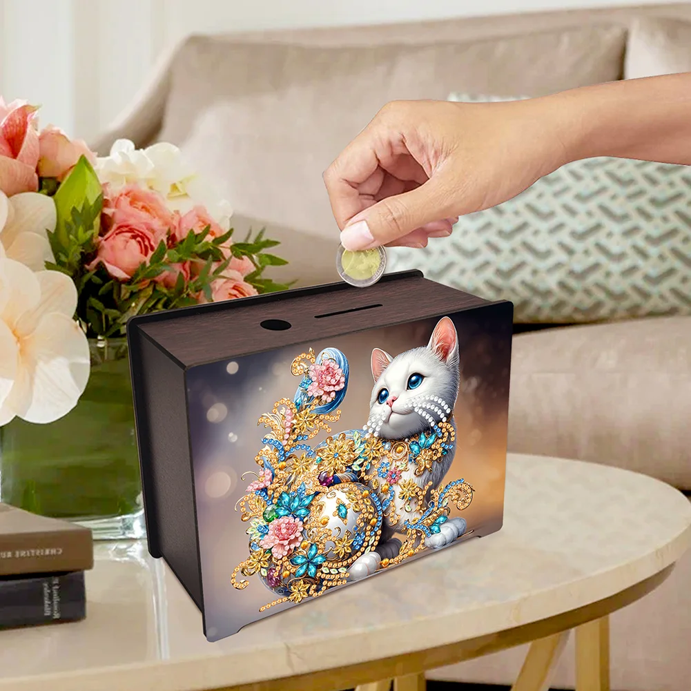 DIY Wooden Cat Diamond Painting Money Saving Box Desktop Coin Bank for Home Decor