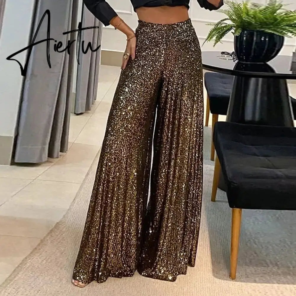 Aiertu Elegant Shinny Sequin Long Pants Women Fashion High Waist Draped Loose Trousers Spring Autumn Casual Wide Legger Solid Pant Aiertu