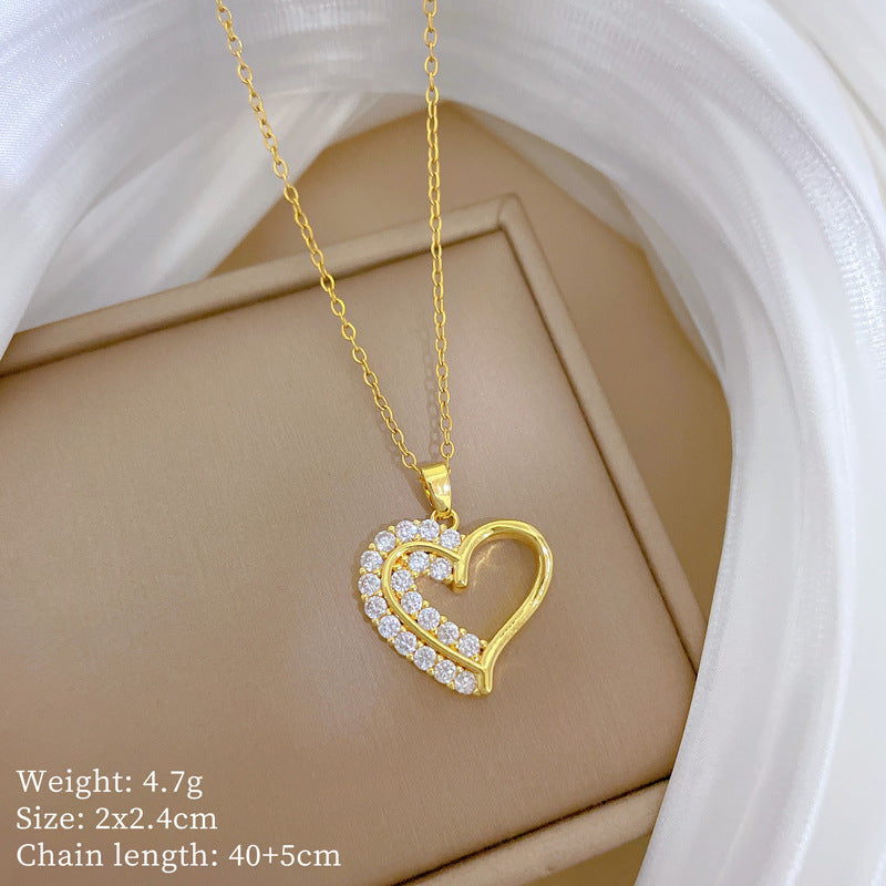 Copper Micro-Inlaid Heart Fashion Gorgeous Full Diamond Necklace Women’S Versatile Clavicle Chain Titanium Steel