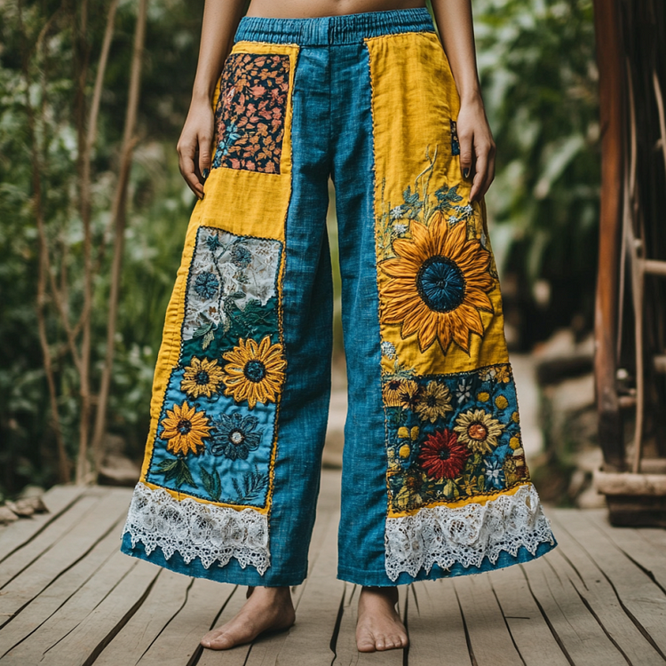 Utbros Vintage Bohemian Sunflower And Lace Patchwork Embroidered Art Printed Cotton Linen Wide Leg Pants