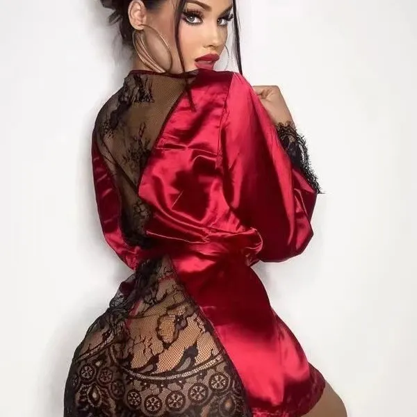 Churchf Spring And Summer Sexy Simulation Silk Robe Casual Thin Home Clothes Pajamas Lace Loose Cardigan With Bathrobe