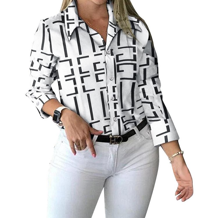 Elegant Women Geometry Print Office Lady Tops Spring Autumn Turn-down Collar Long Sleeve T Shirt Button Lady Female Shirts - BlackFridayBuys