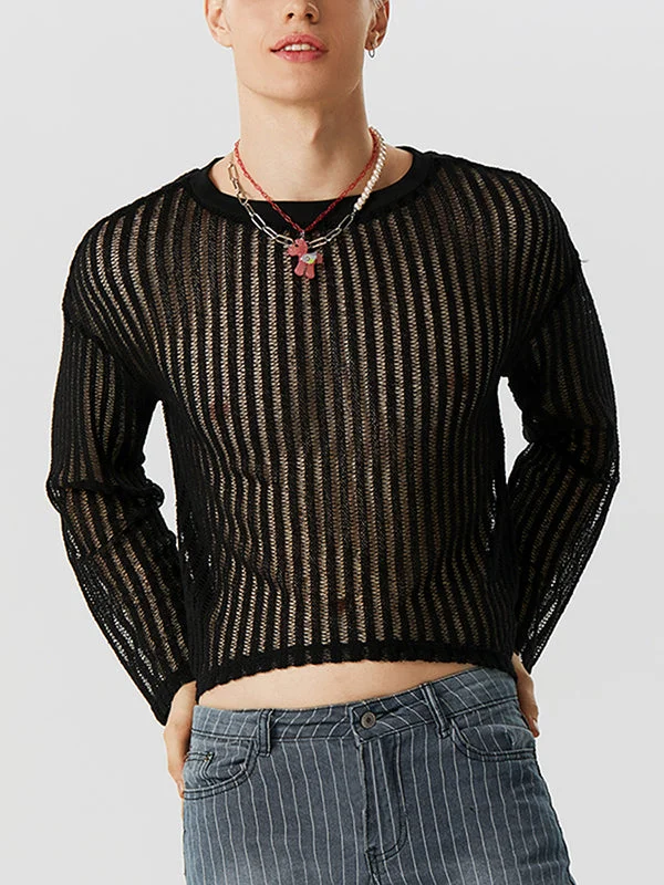 Aonga - Mens Striped Mesh See Through T-Shirt