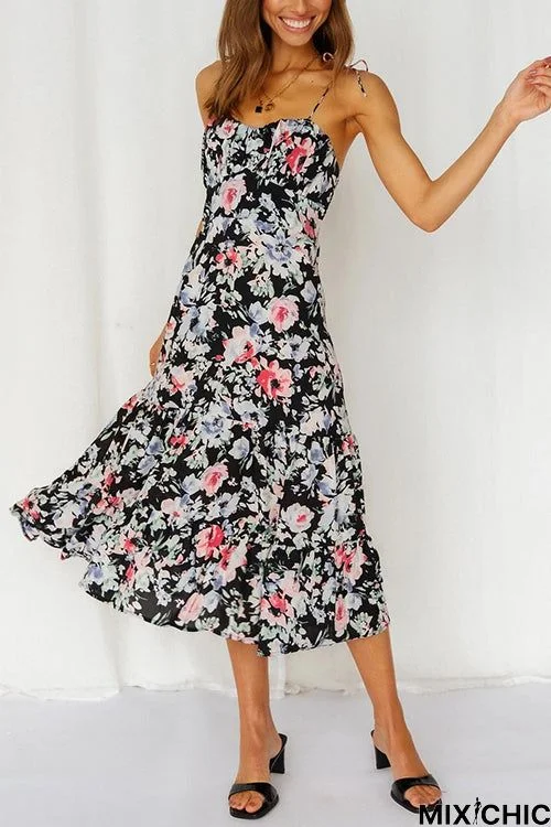 Floral Tie Straps Ruffles Midi Dress