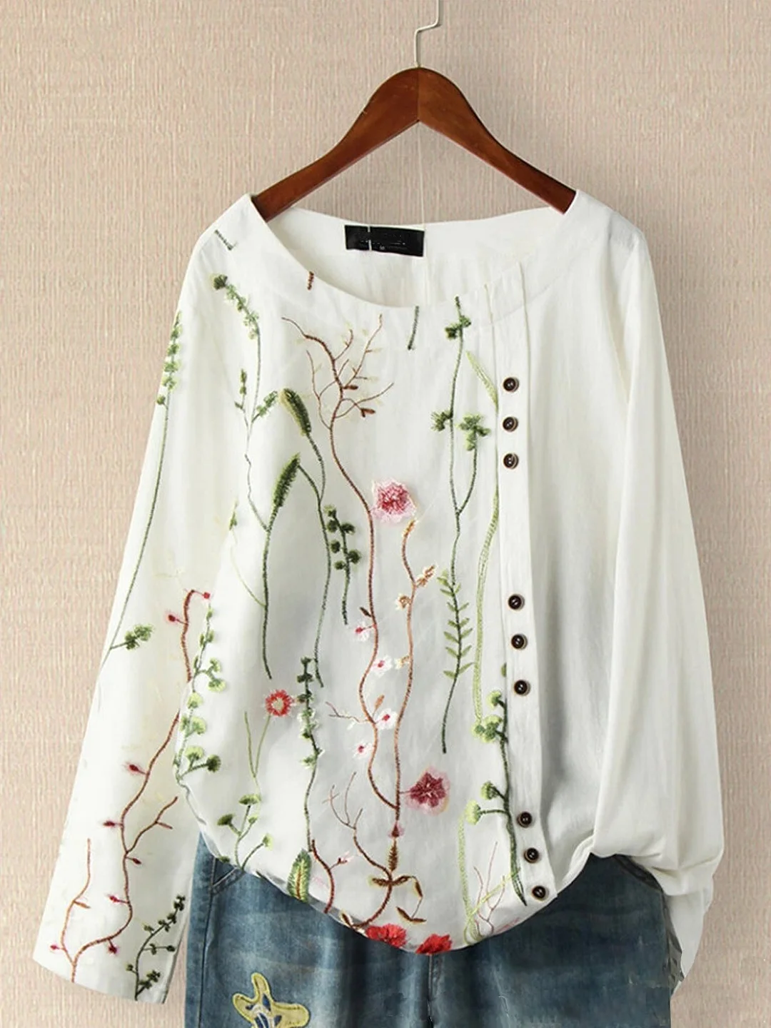 Boho Embroidered Floral Shift Long Sleeve Shirts & Tops