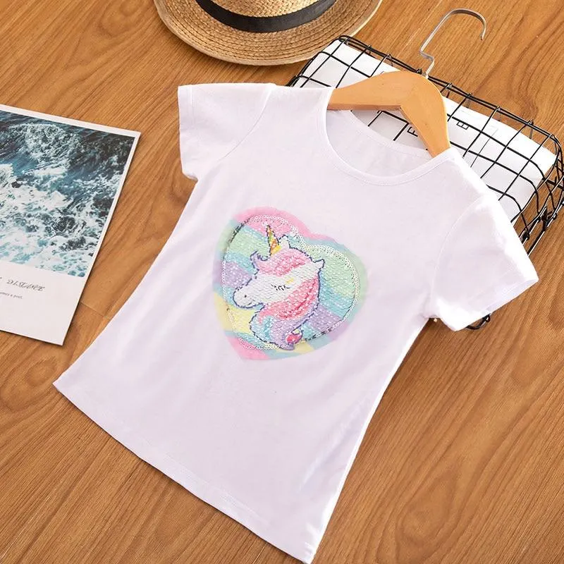 Girls T-shirts Short Sleeve Flamingo Unicorn Print Tops for Baby Girl Summer Clothes Sequins Tshirt 3-8Yrs Kids Tees for Girls