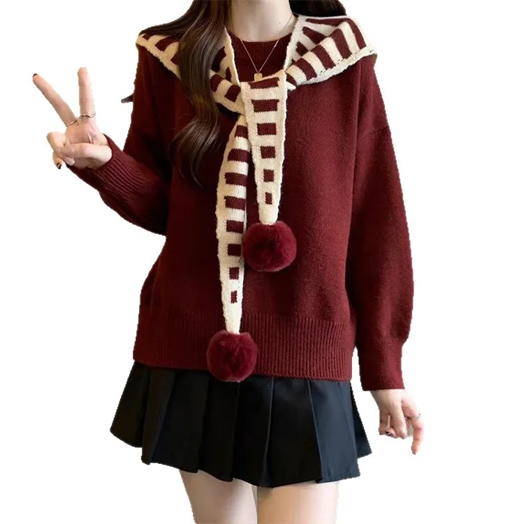 Athvotar Athvotar Two Striped Shawl Knitted Jersey Anola Red Sweater Women's Autumn And Winter Loose Knitted Top