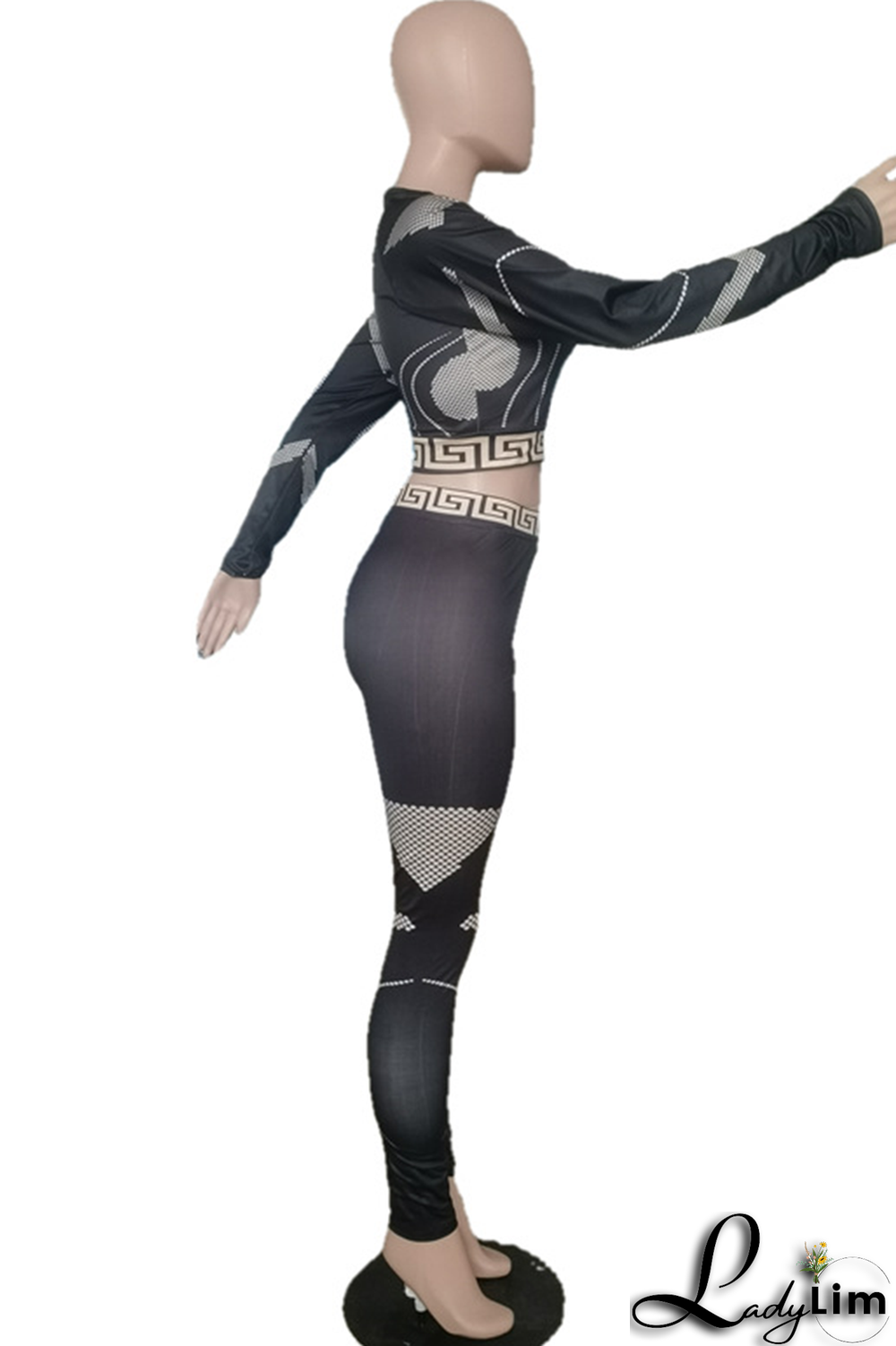 Black Casual Print Split Joint O Neck Long Sleeve Two Pieces