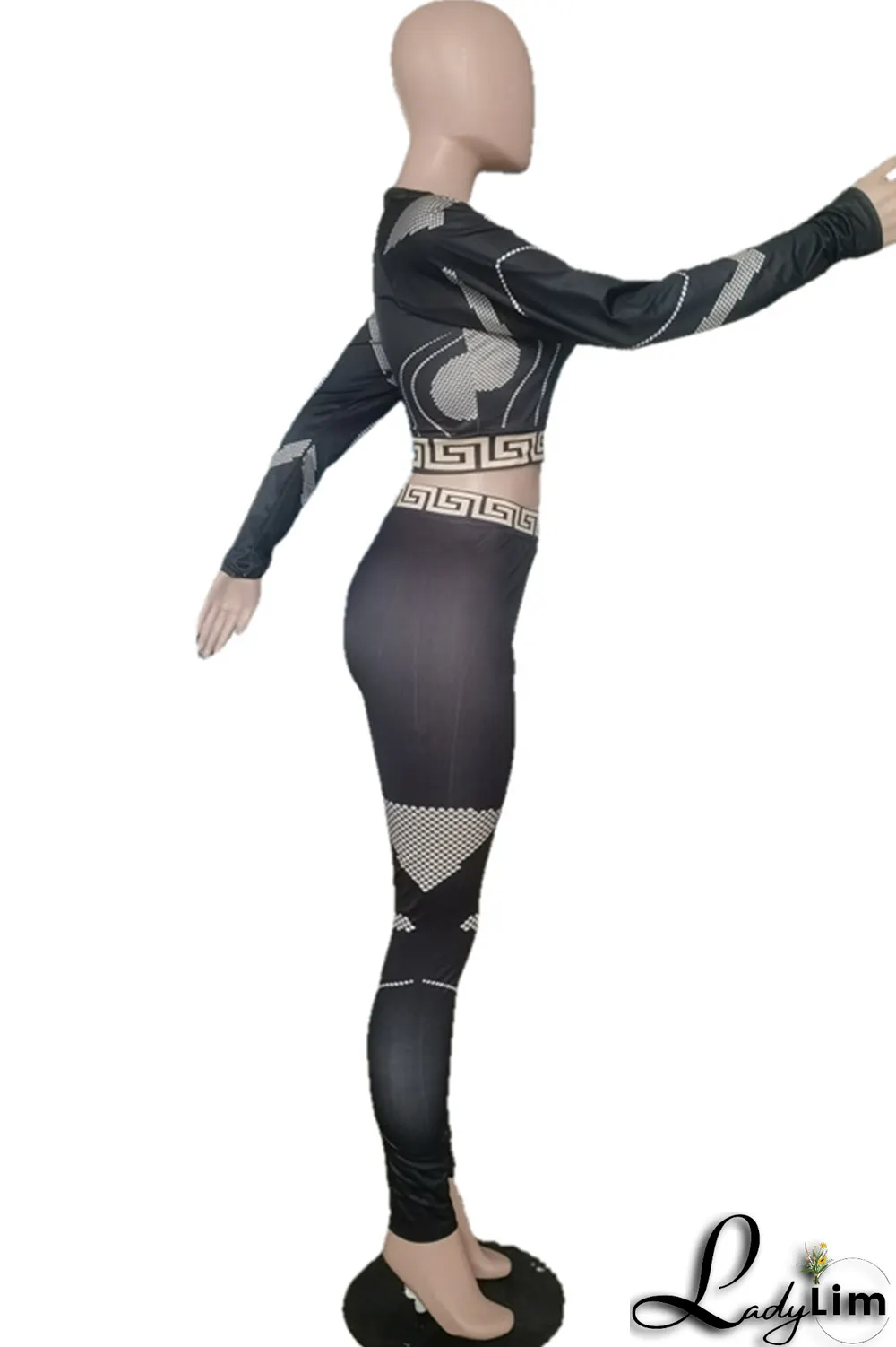 Black Casual Print Split Joint O Neck Long Sleeve Two Pieces