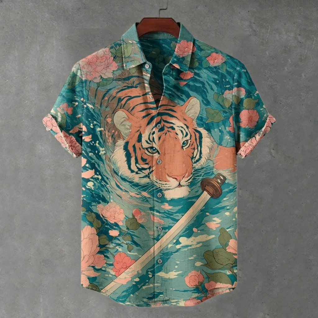 Men's Japanese-style Tiger And Floral Print Short-sleeved Shirt elevenforest