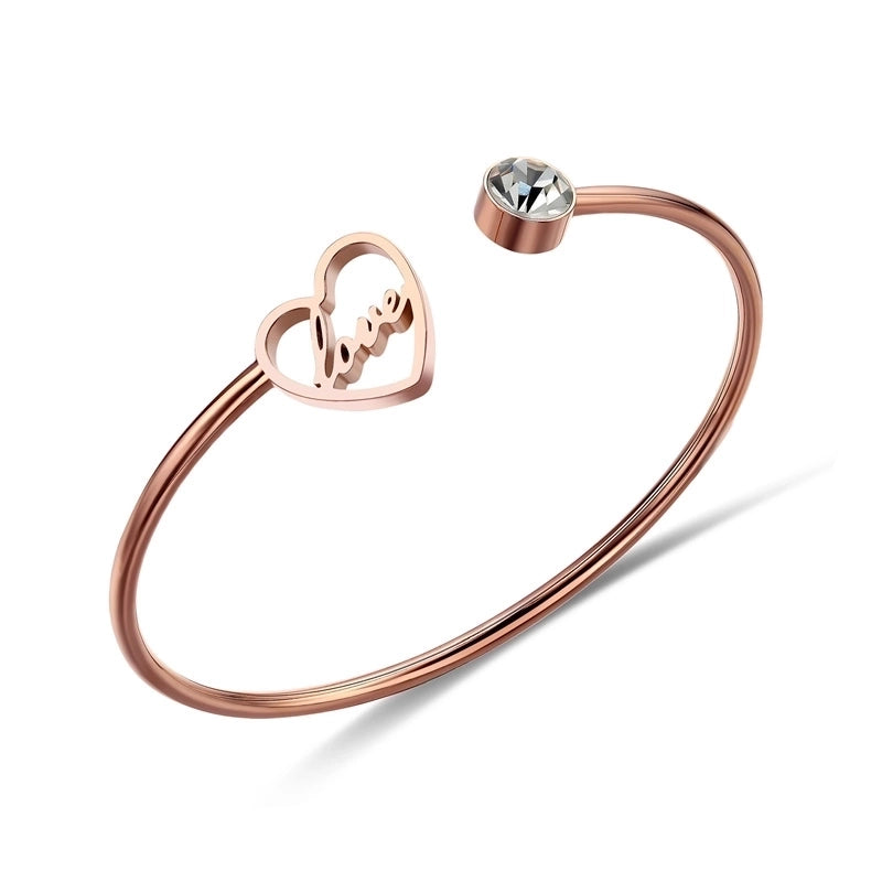 Casual Minimalist Classic Style Love Heart Shape Stainless Steel Titanium Steel Zircon Cuff Bracelets In Bulk