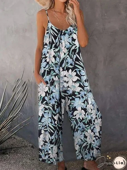Women's Jumpsuits Loose Print Sling Pocket Jumpsuit