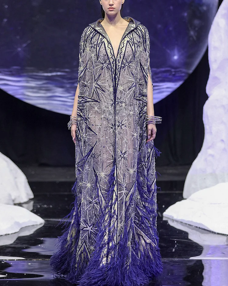 Embroidered Feather Kaftan Gown