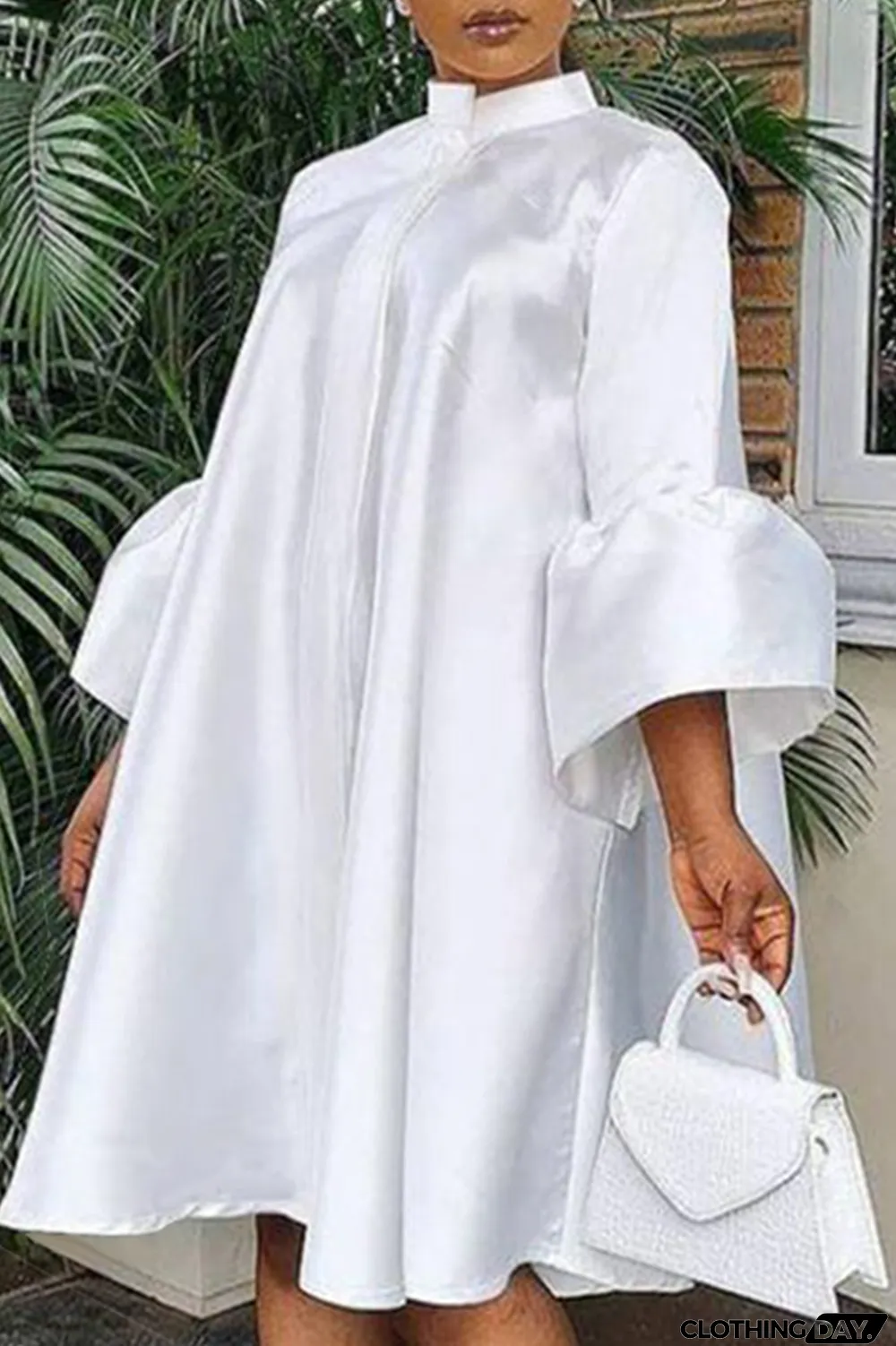 White Casual Solid Flounce O Neck Cake Skirt Dresses