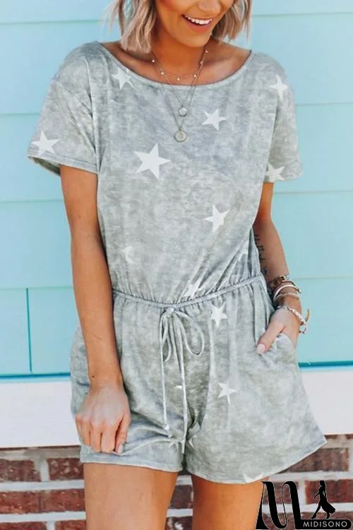 Star Print Pockets Drawstring Romper