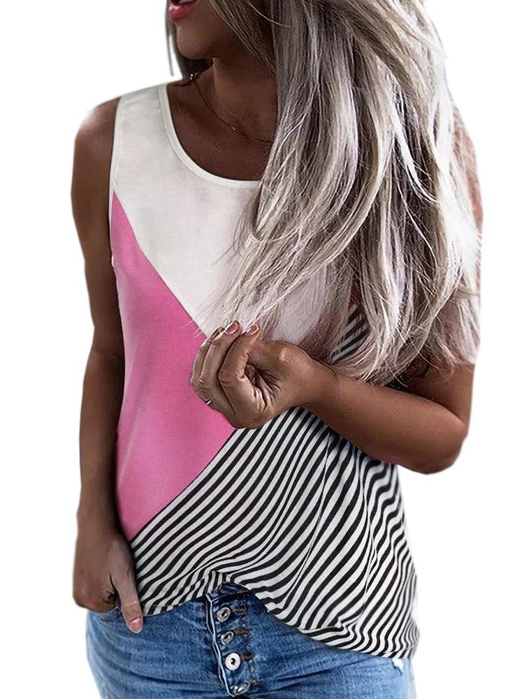 Women's Sleeveless Scoop Neck Striped Stitching Tops T-shirts