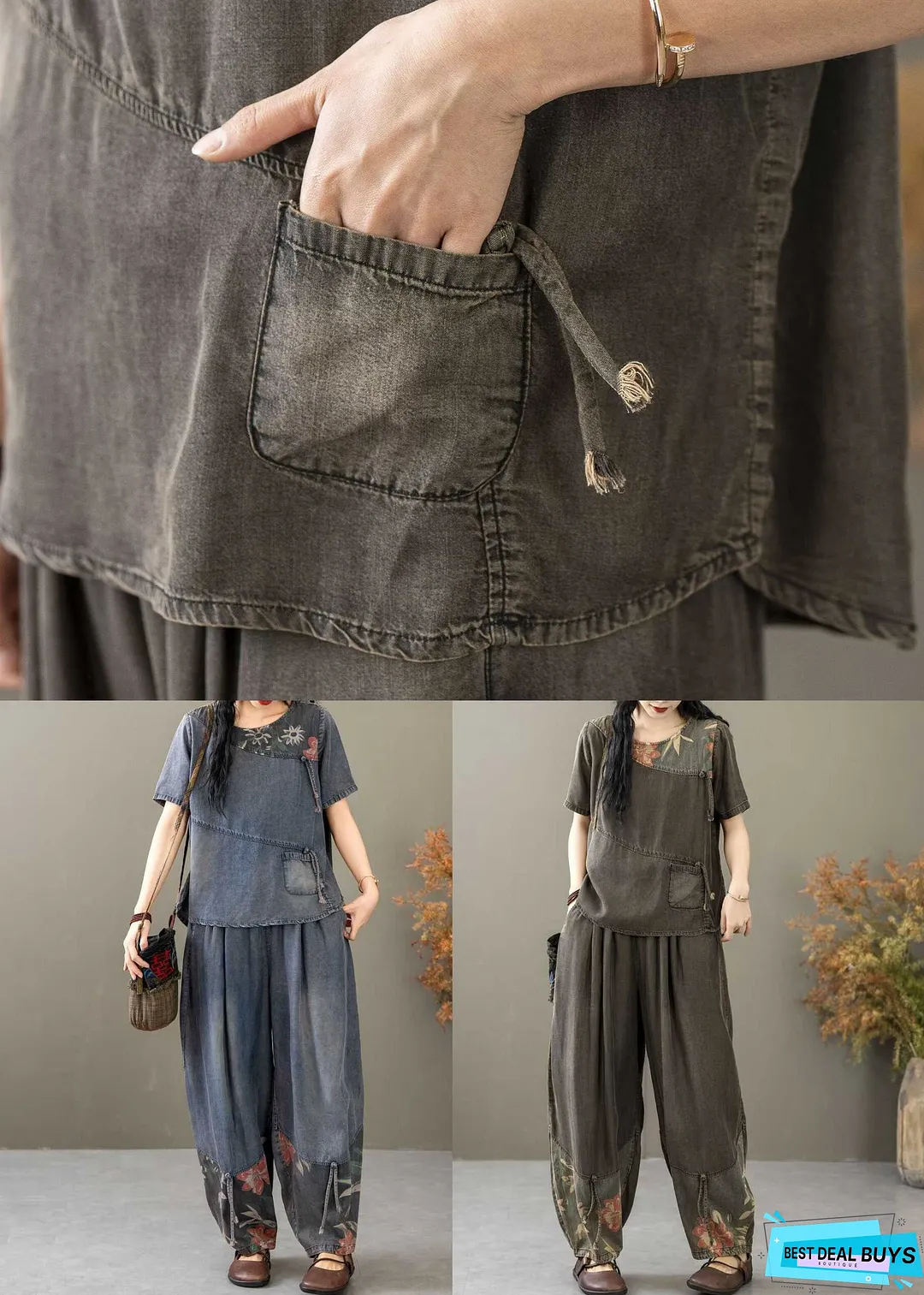 Vintage Black Print Tops And Crop Pants Denim Two Piece Suit Summer