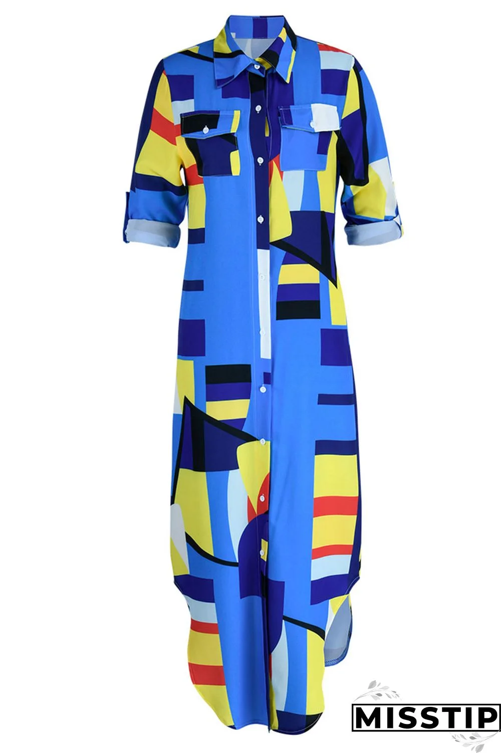 Blue Casual Print Patchwork Buckle Turndown Collar Shirt Dress Dresses