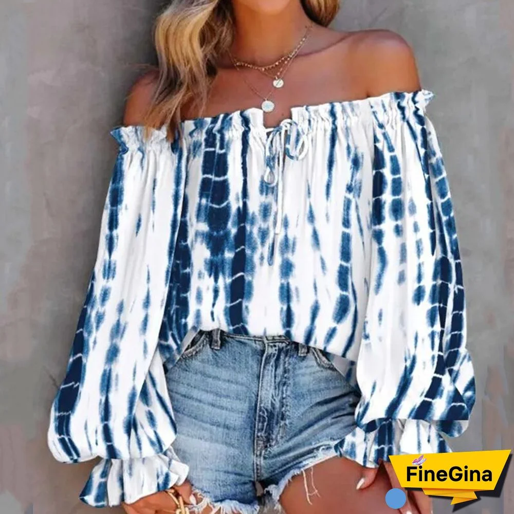 Women Casual Loose Off Shoulder Blouse Vintage Boho Print Blouses Ladies Sexy One Word Collar Lantern Sleeve Hollow Pullover Top
