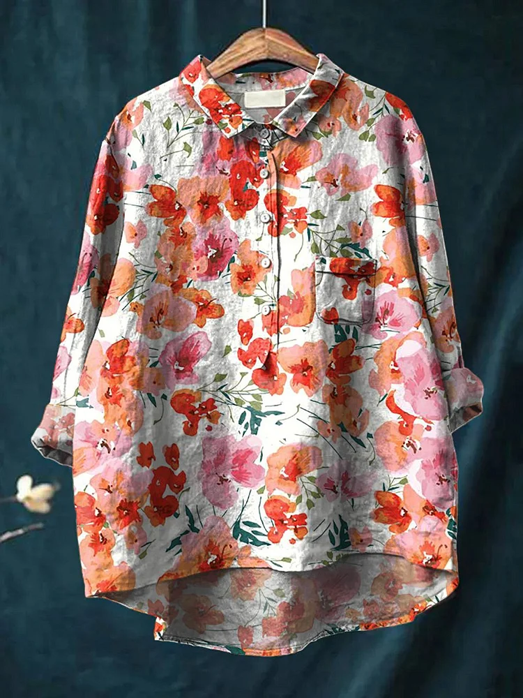 Watercolor Poppy Pattern Printed Womens Casual Cotton And Linen Shirt