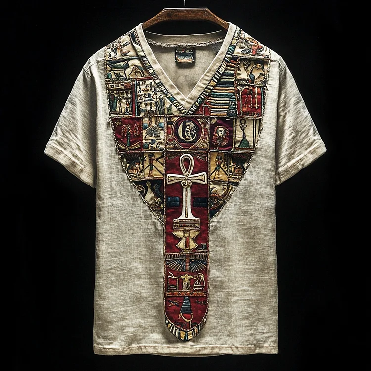 Vintage Egyptian Ankh Elements Embroidered Men's Linen V-neck T-shirt