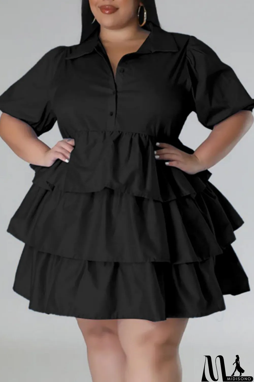 MidiSono - Light Blue Casual Solid Patchwork Turndown Collar Cake Skirt Plus Size Dresses