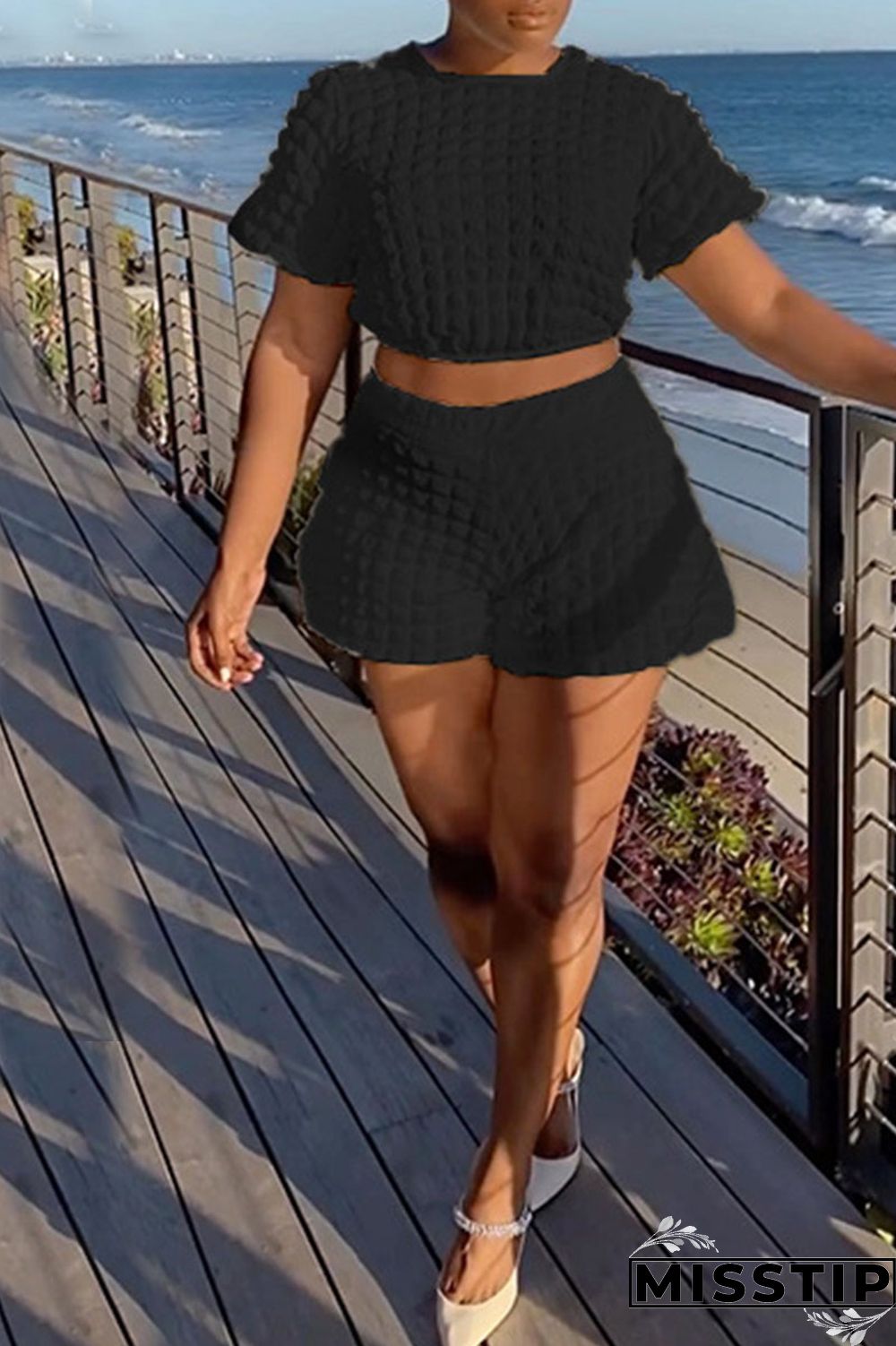 Black Casual Solid Patchwork O Neck Short Sleeve Two Pieces