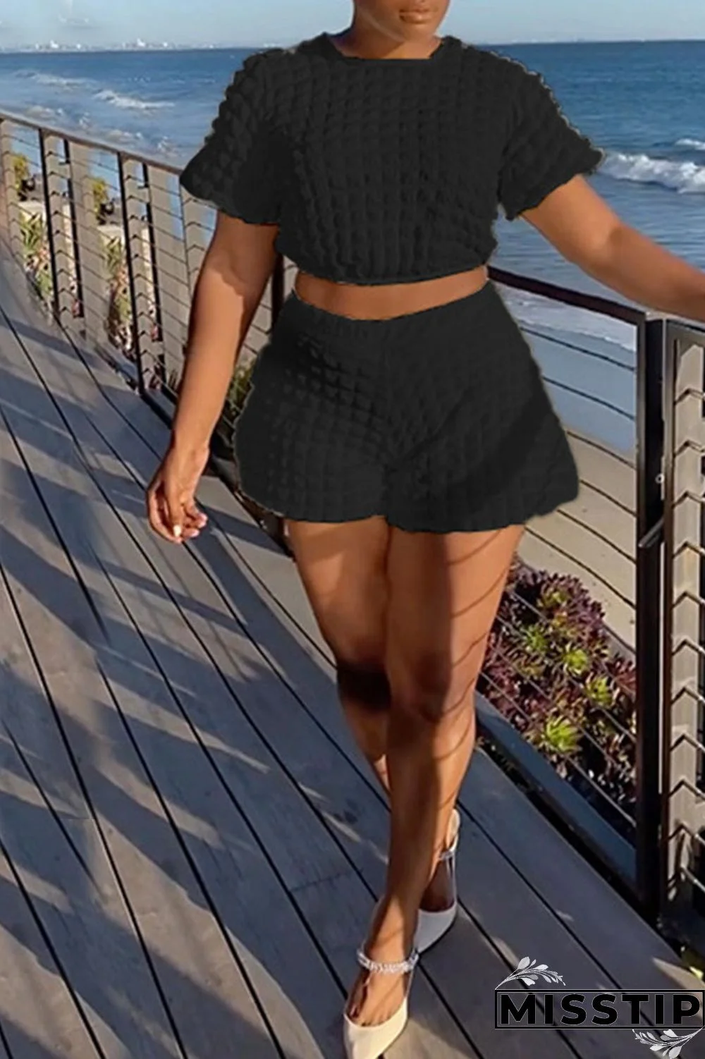 Black Casual Solid Patchwork O Neck Short Sleeve Two Pieces