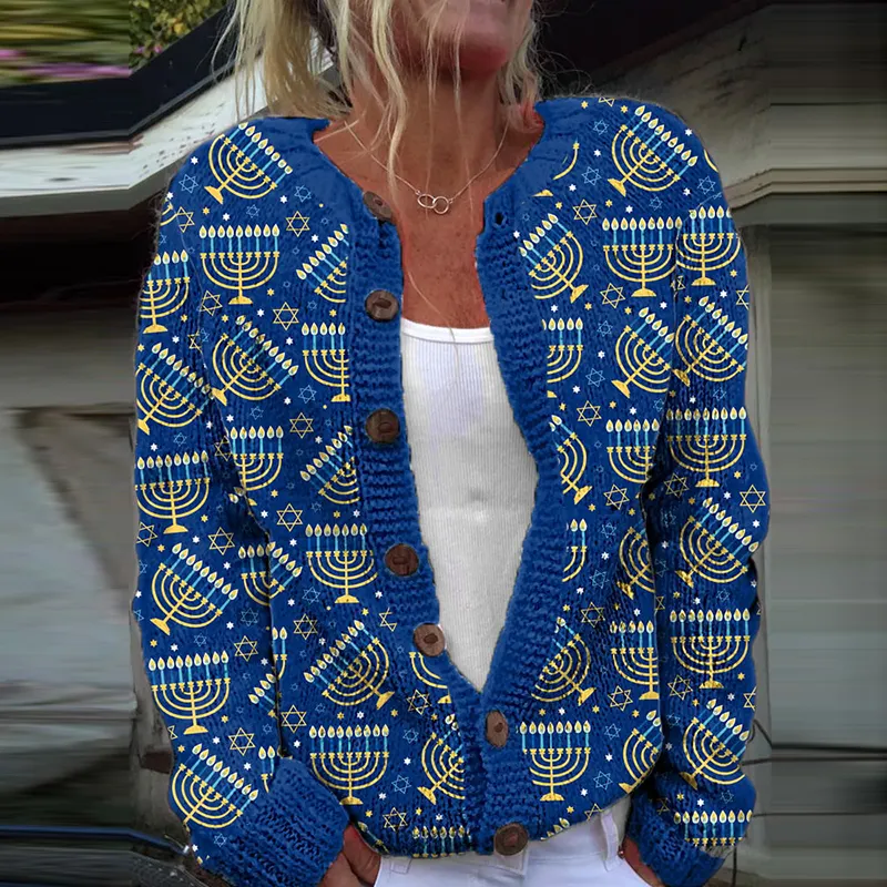 Women's Hanukkah Menorah Print Knit Cozy Cardigan