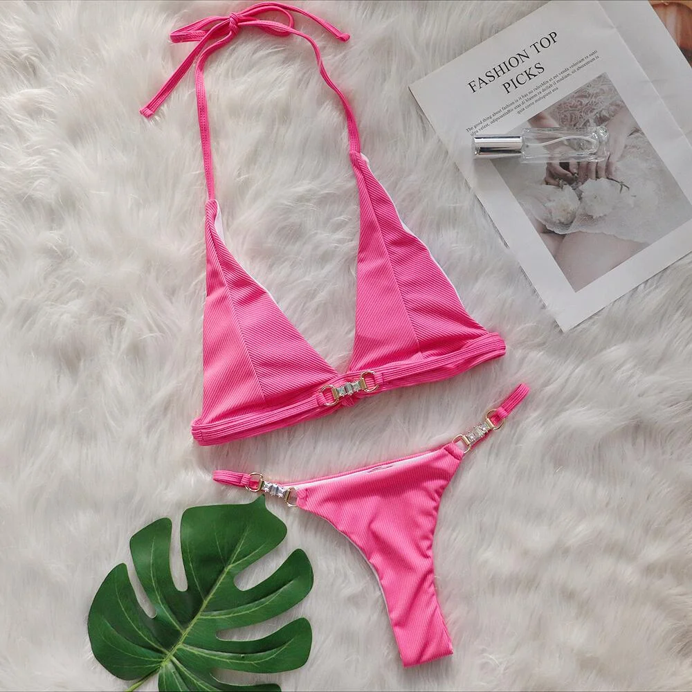 Uveng Uveng 2024 New Crystal Diamond Bikini Sexy Stripe Strap Split Swimsuit Vacation Women's Swimsuit