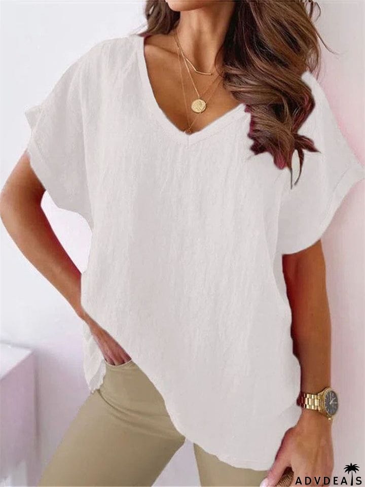 Women's V Neck Short Sleeve Cozy Cotton Linen T-shirt for Summer