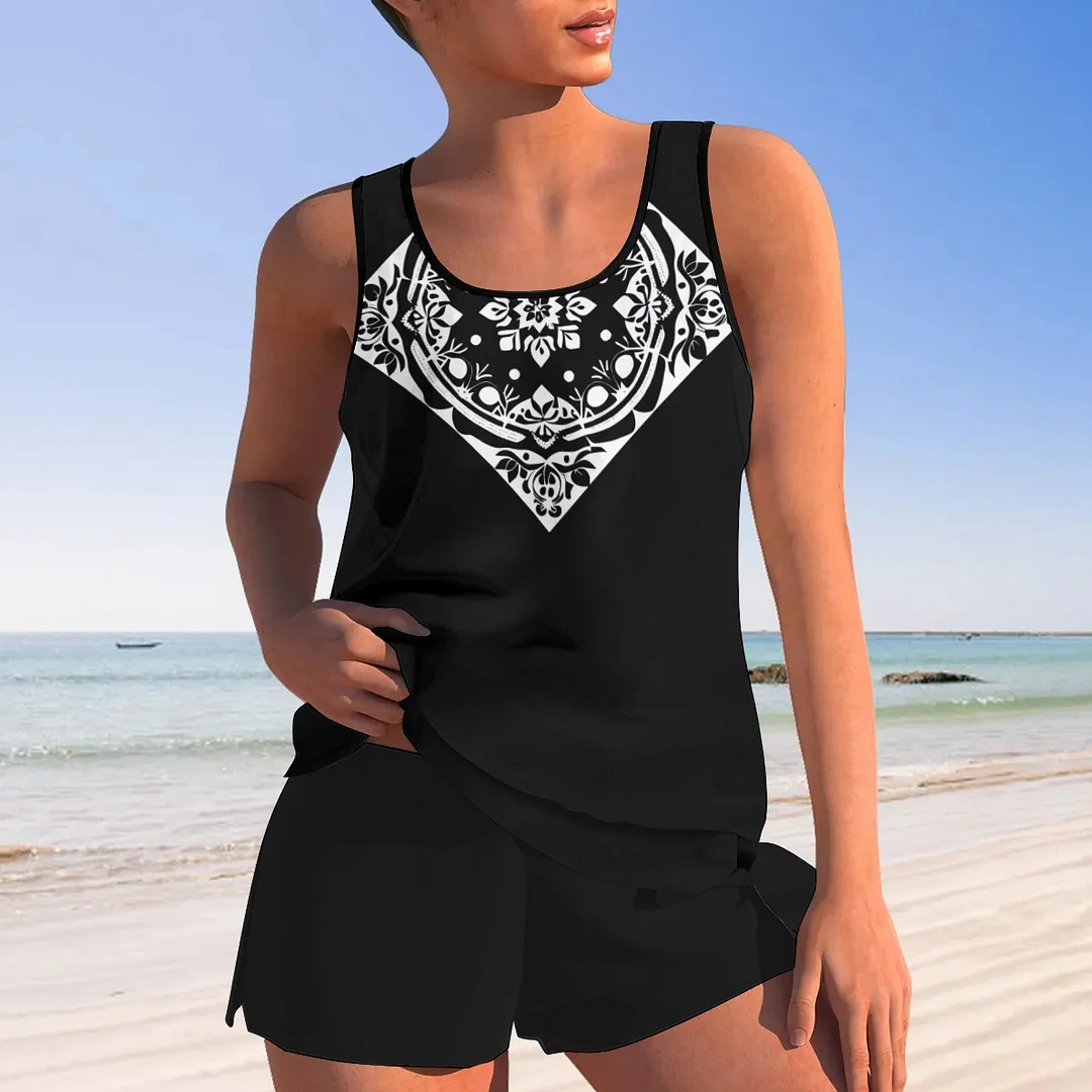 Women plus size clothing Bowknot Floral,Black,White,Mandala Mid Waisted Tankini Set - Plus Size Available-Nordswear
