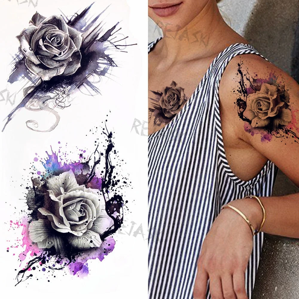 Purple Rose Jewelry Water Transfer Tattoo Stickers Women Body Chest Art Temporary Tattoo Girl Waist Bracelet Flash Tatoos Flower