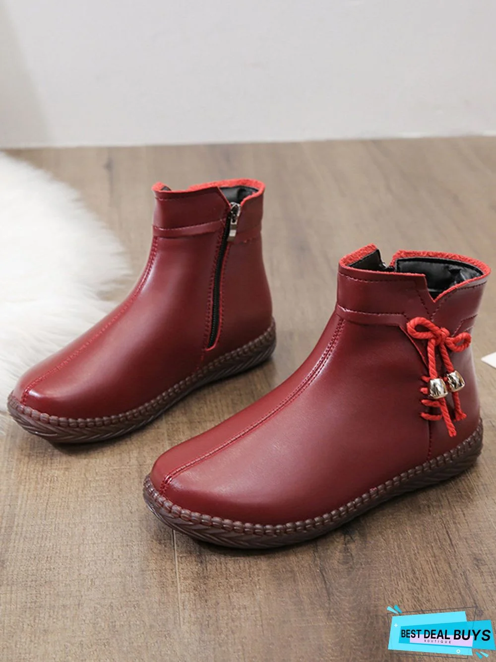 Women's Bow Faux Fur Lined Plain Boots with Zipper