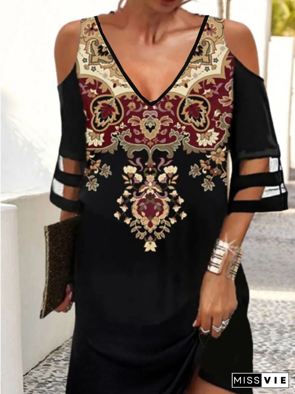 Casual Three Quarter V Neck Printed Dress