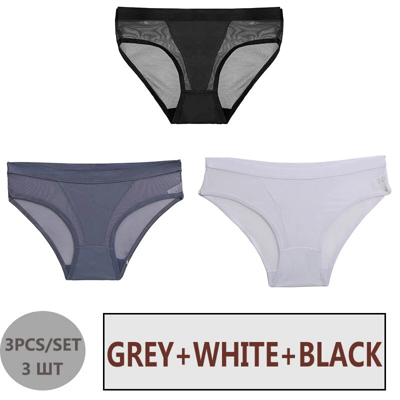 FINETOO 3PCS/Set Women Panties Sexy Mesh Lingerie Breathable Female Underwear For Woman Low-Rise Underpant Woman Panties Briefs