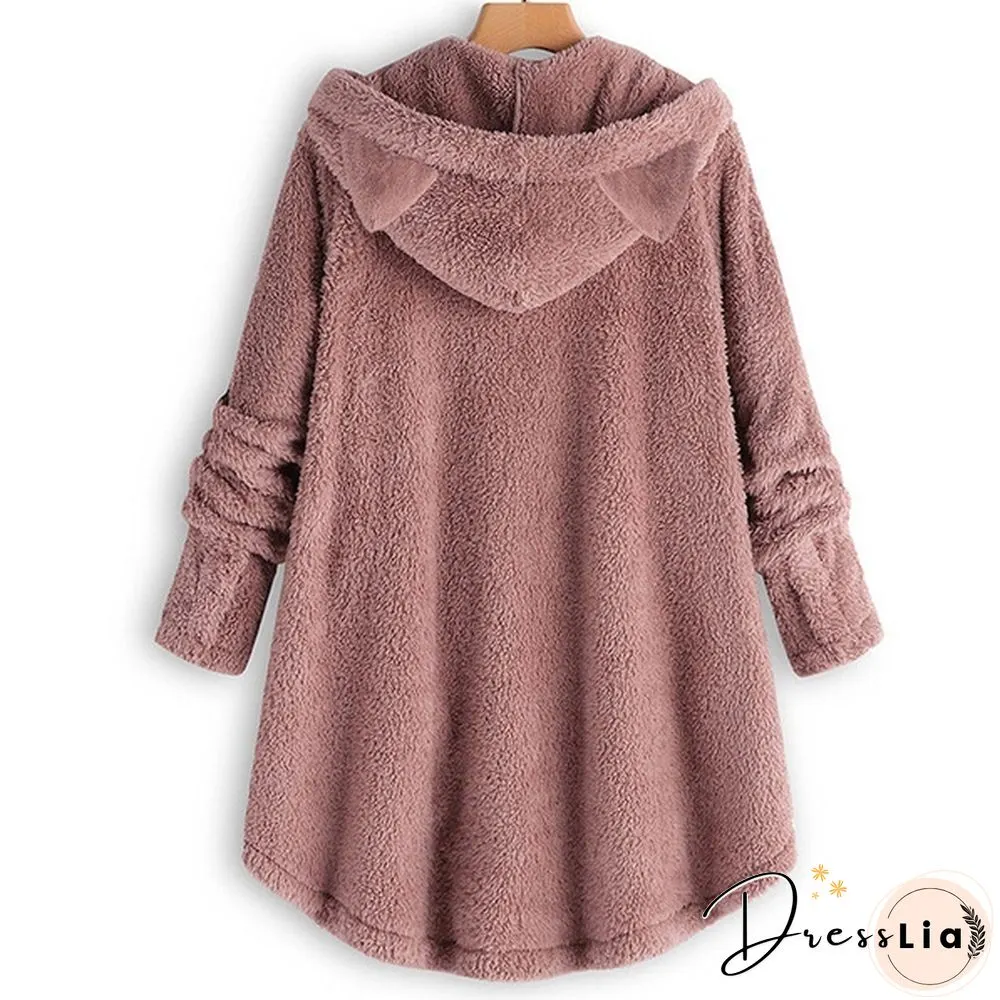 Fashion Women Coats Autumn Winter Outwear Tops Solid Color Plush Loose Cute Cat Ears Warm Fur Cardigan Coat with Pocket Plus Size S-5XL