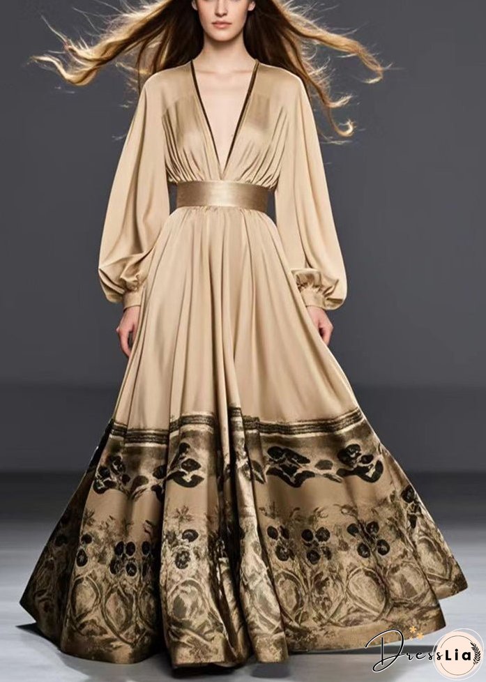 Women Golden Cinched Print Silk Maxi Dresses Fall
