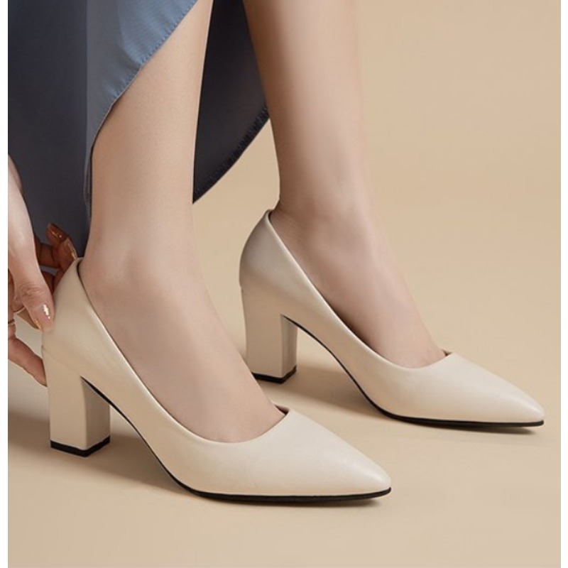 Spring and Autumn New Women's Professional Simple Solid Tone Pointed Toe Shallow Toe Square Heel Low Heel Pumps Dress Shoes