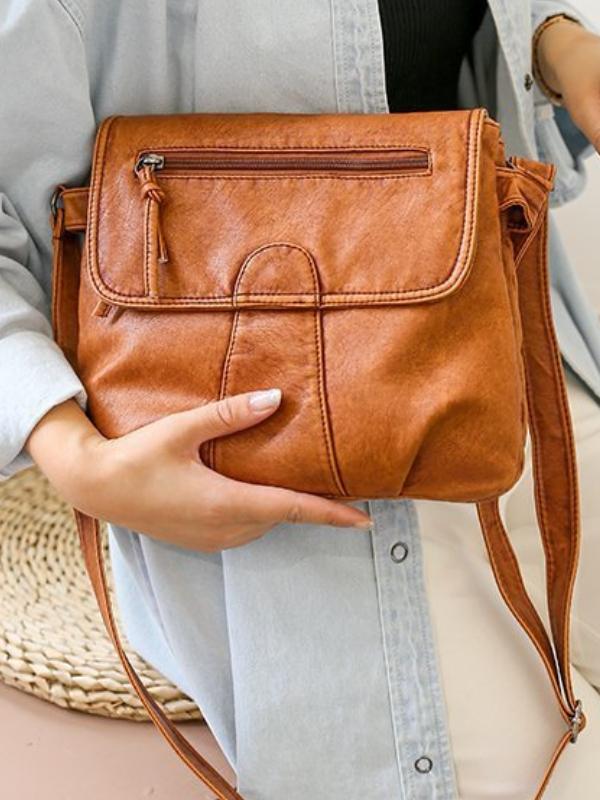Vintage Washed Leather Pleated Utility Bag