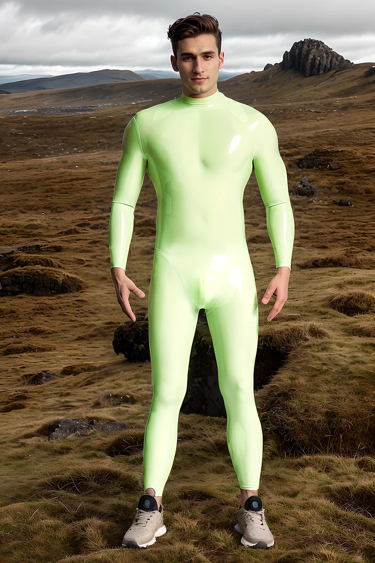 Men Latex Catsuits Male Sleekness Basic Neck Entry Latex Catsuit Sensual Form  fitting Grass Green Catsuit