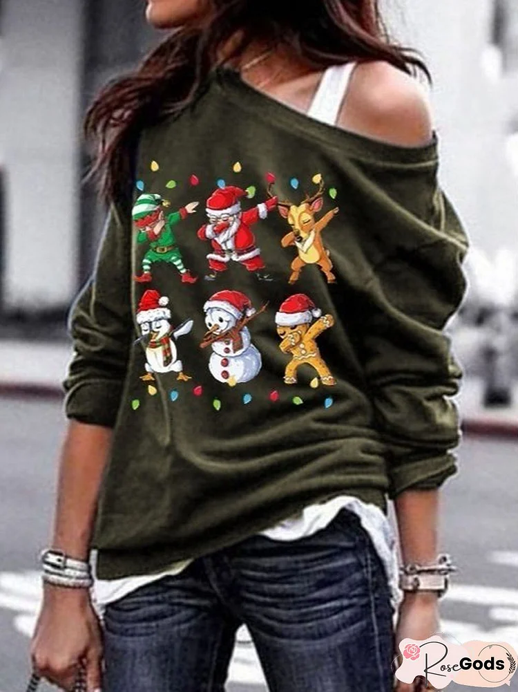 Women Bateau/Boat Neck Christmas Snowman Casual Top