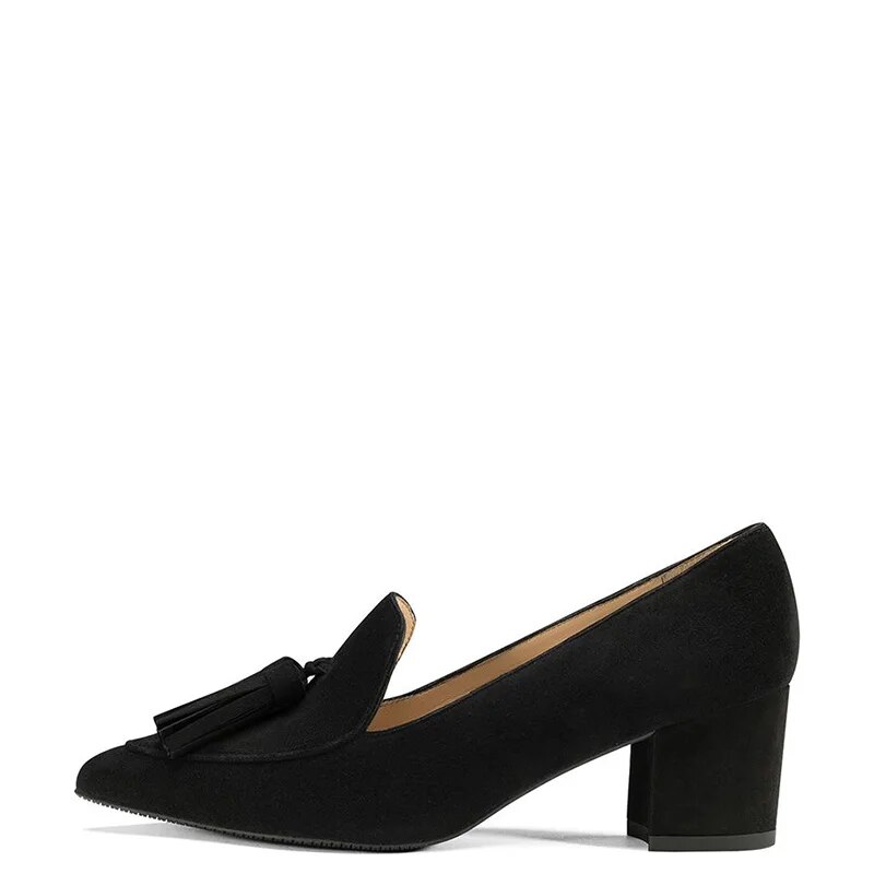 TAAFO Black Flock Fringe Pointed Toe High Chunky Heels Women Loafers Pumps Ladies Shoes