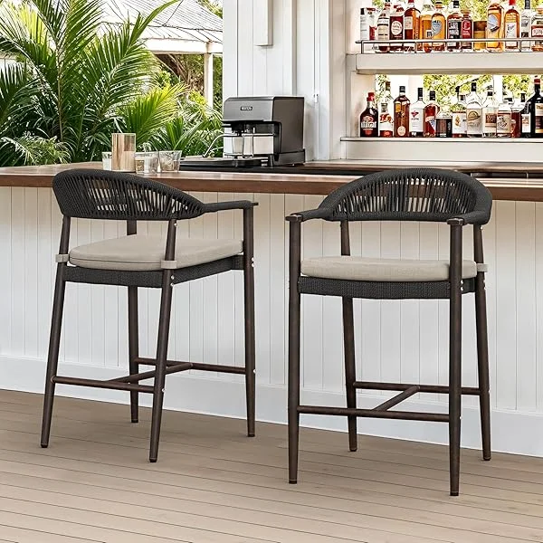 Bar Stools Set of 4, 24.8'' Aluminum Outdoor Bar Stool with Removable Cushion, Boho Rattan BarStools, Olefin Rope Woven Bar Chairs with Footrest for Patio, Garden, Pool, Kitchen, Black 4 Black