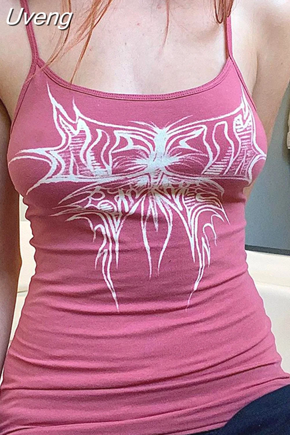 Uveng Mall Goth Retro Print Crop Top 00s Vintage Grunge Slim Fit Mini Vest Sexy Backless Spaghetti Strap Camisole Y2K Clothes 413-1