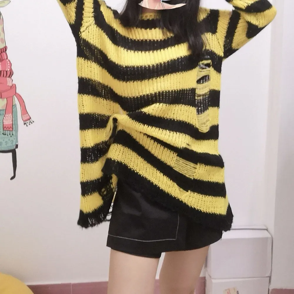 Halloween 200 Gothic Knitted Sweater Women Long Pullovers Striped Loose Winter Ripped Plus Size Sweaters Jumpers Mujer Jersey 924