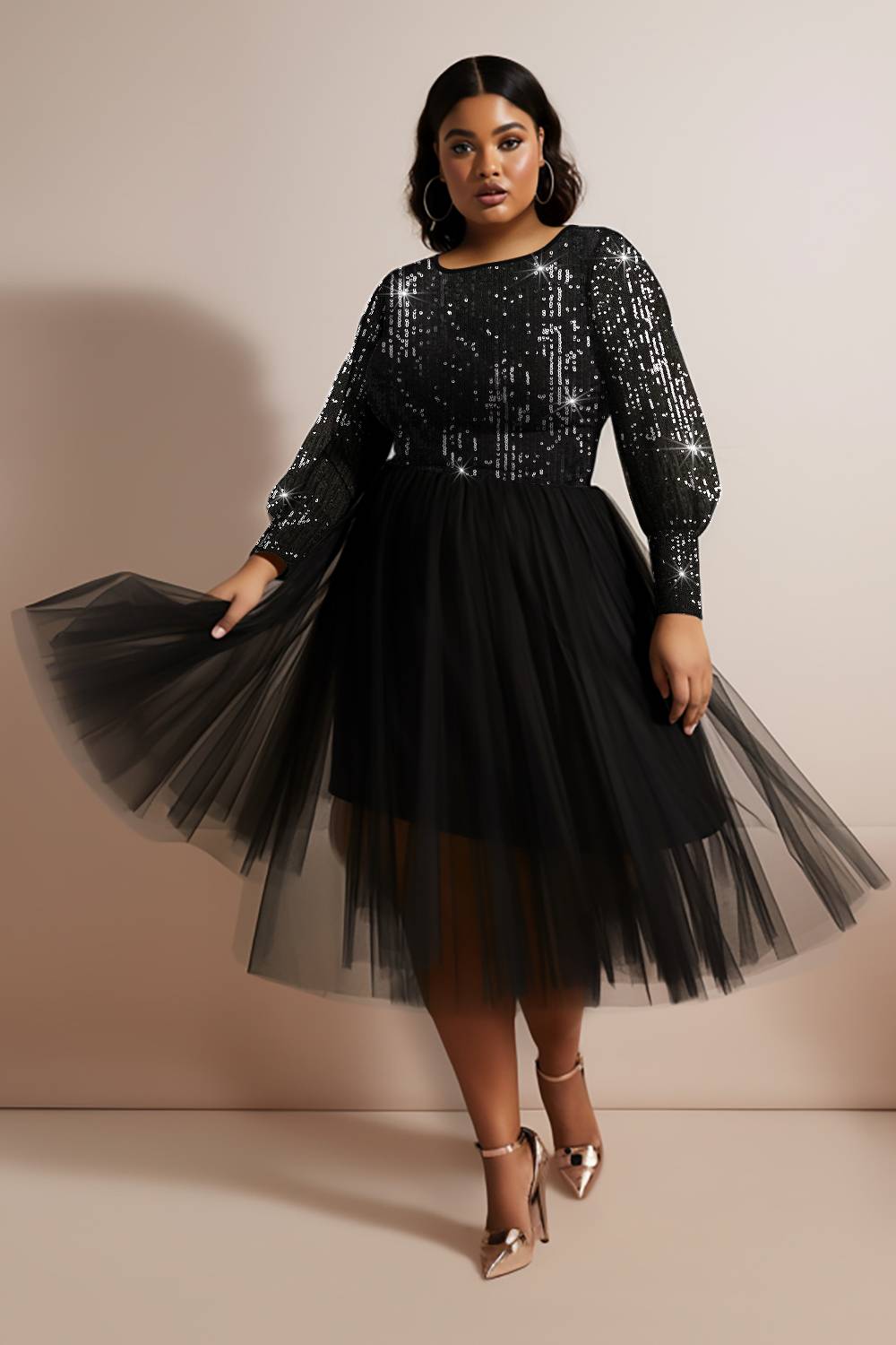Design Plus Size Party Midi Dresses Elegant Black Spring Summer Round Neck Lantern Sleeve Long Sleeve Contrast Sequin Tulle Midi Dresses [Pre-Order]
