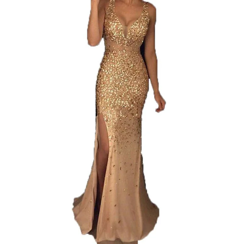 Uveng Uveng 2025 New Women's Open-Fork Gold Dress Dress Dress Evening Dress Dress