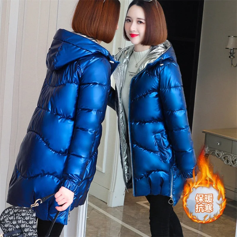 2021 Women Shiny Down Cotton Jacket Winter Jackets Warm Mid Long Cotton Padded Casual Hooded Parkas Overcoat Female Basic Coat
