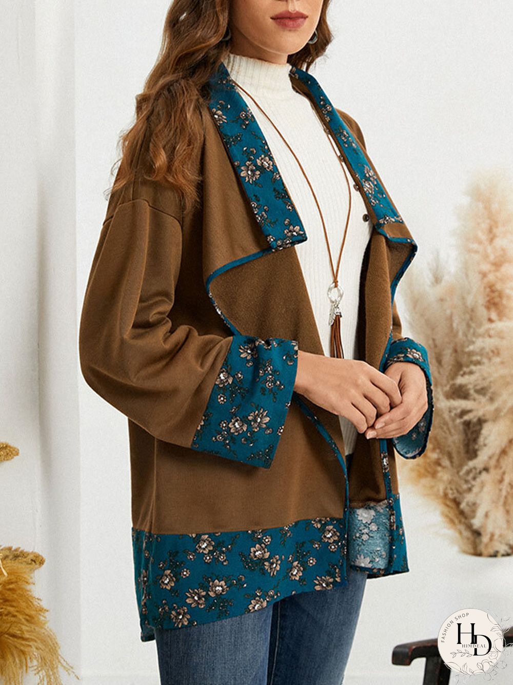 Floral Print Lapel Button Long Sleeve Women Jacket